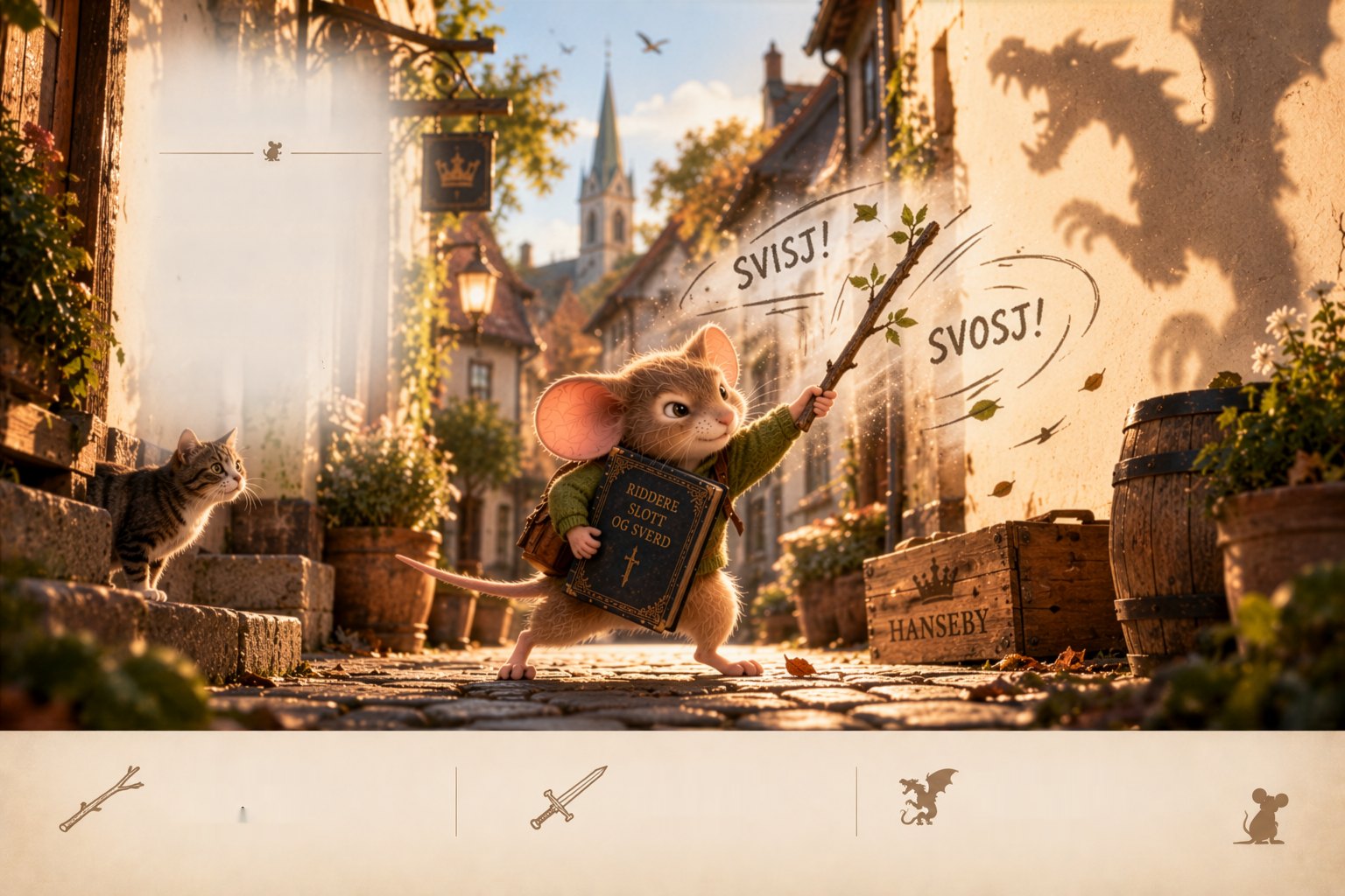 Milo, el ratón, camina por una calle soleada de Hanseby sujetando un palo como si fuera una espada, con un libro grande bajo el brazo y la sombra de un dragón en la pared detrás de él.