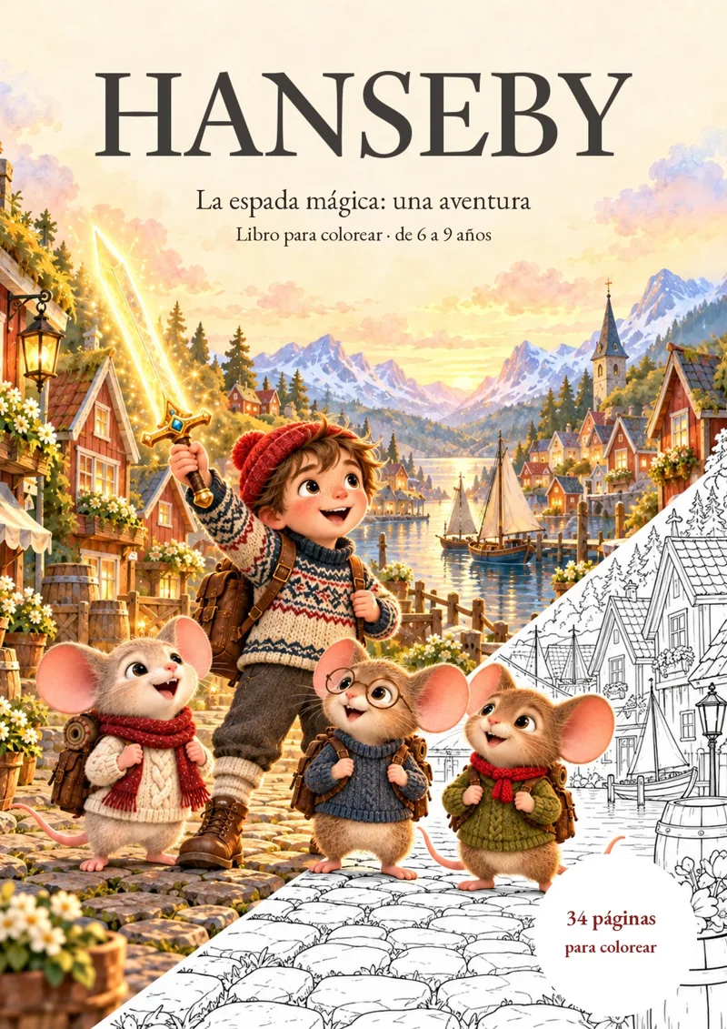 Portada del libro para colorear de Hanseby con Hans y los ratones.