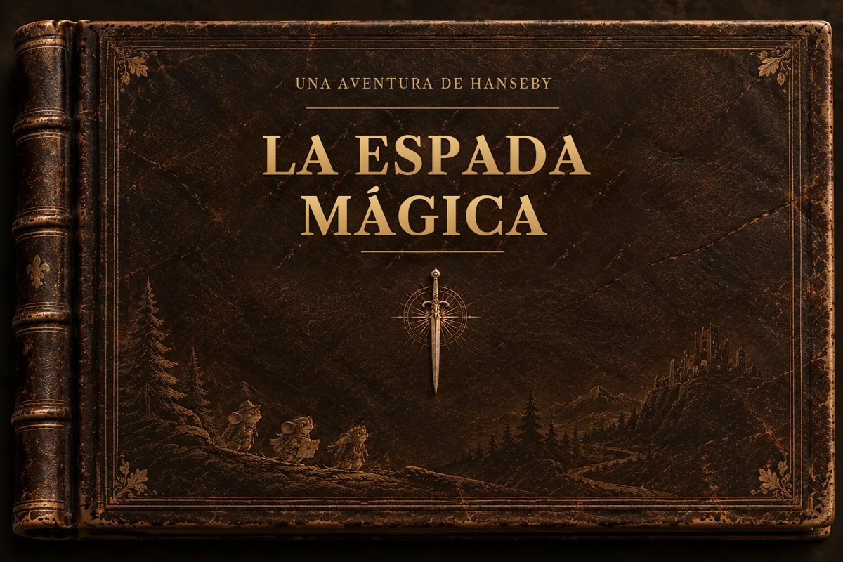 Cubierta de La espada mágica: cuero marrón con letras doradas.