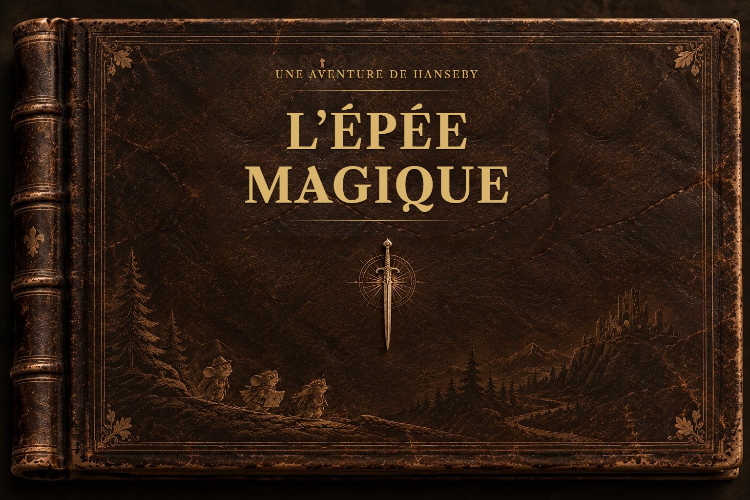 Couverture de L’Épée magique, livre d’aventure pour les 6–9 ans : cuir brun et lettres dorées.