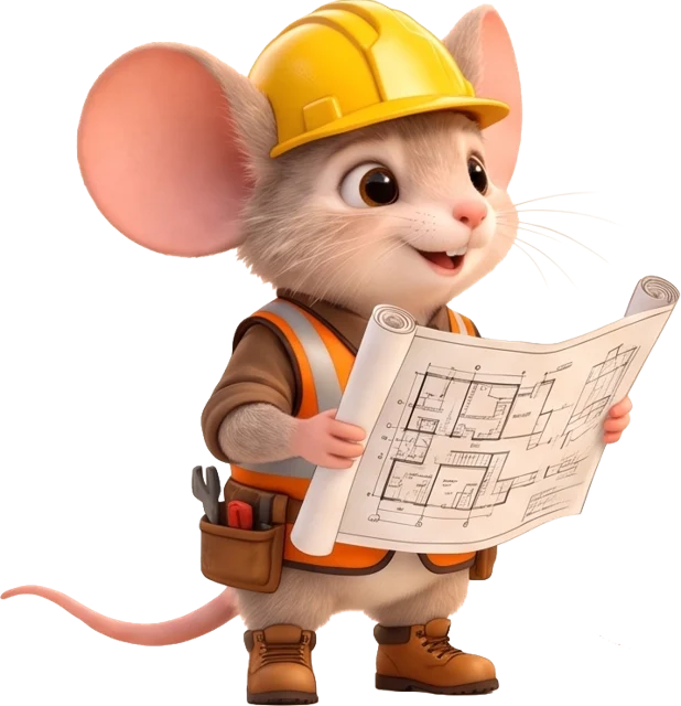 El ratón Issey con casco amarillo y chaleco reflectante, sonriendo mientras estudia unos planos de construcción, con un cinturón de herramientas en la cintura.