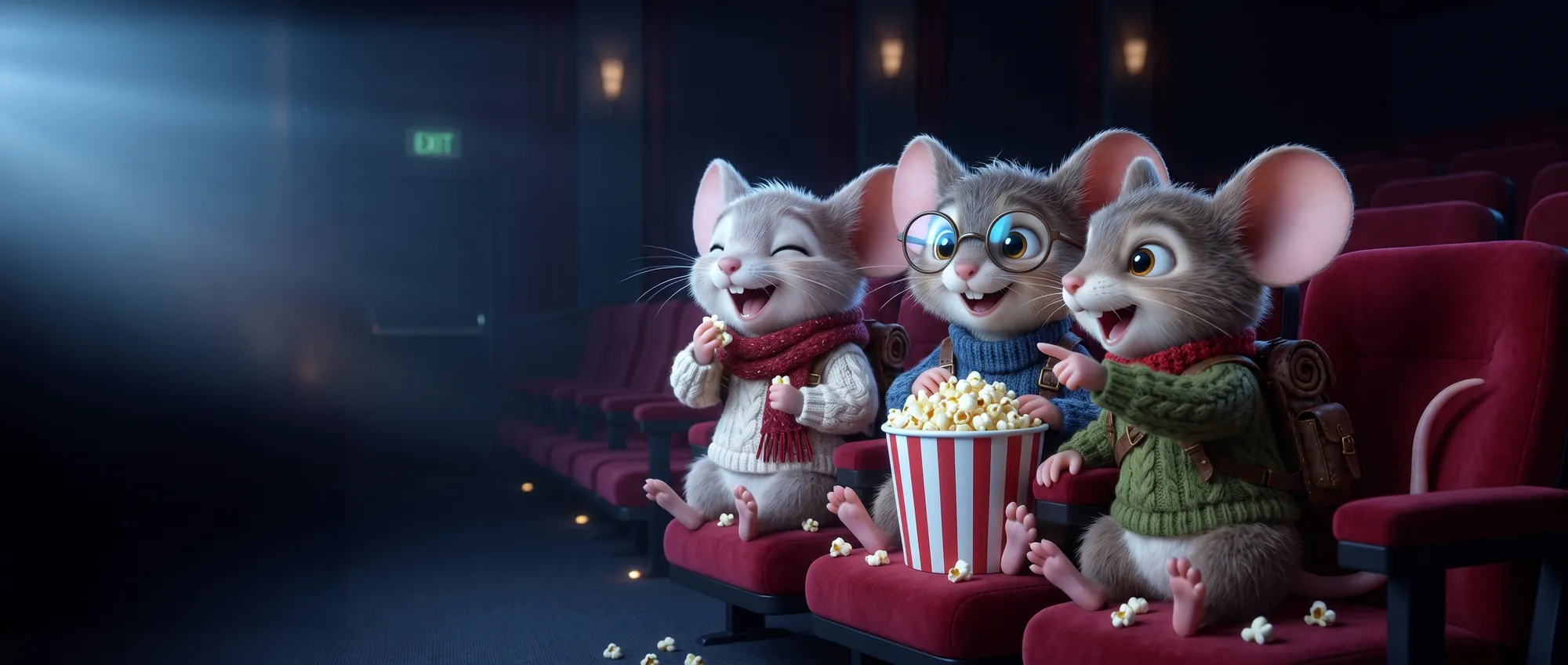 Milo, Issey og Max ler med popcorn i røde kinoseter.