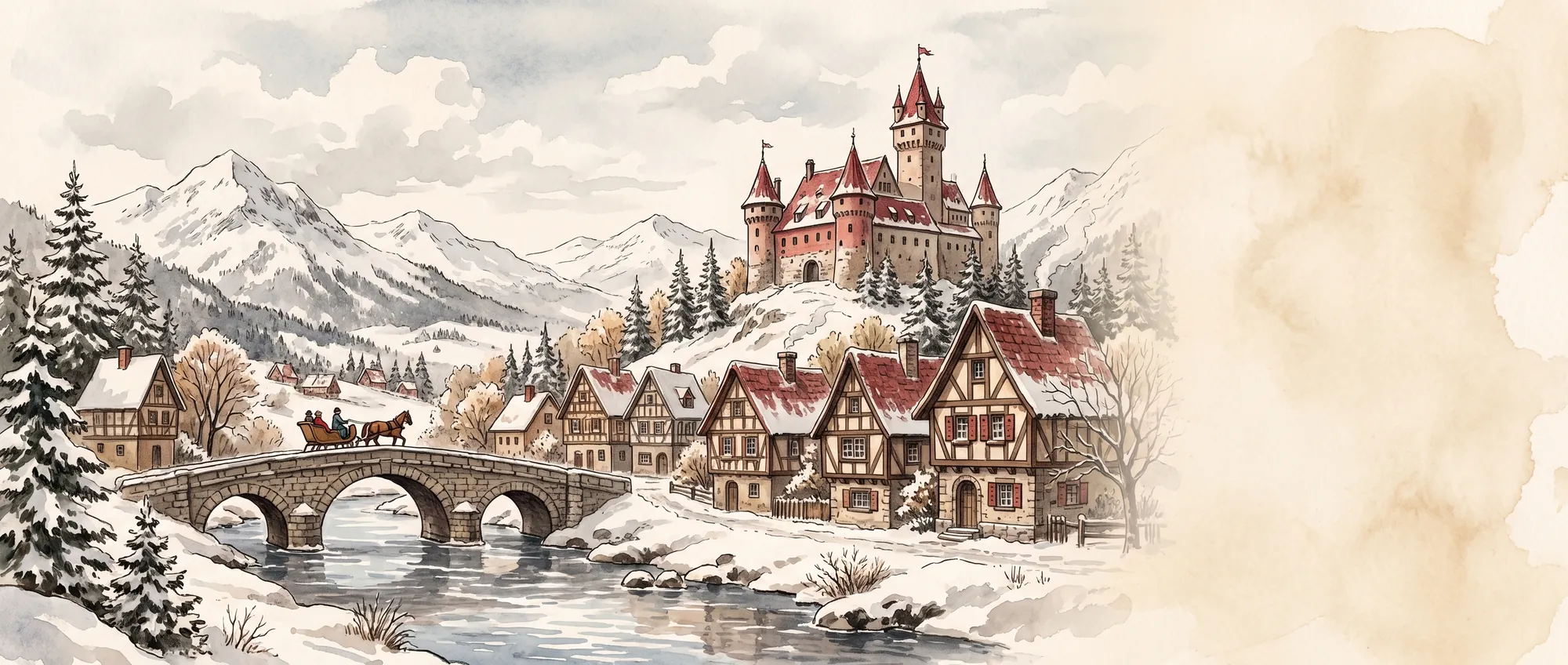 Hanseby i snø, med slottet, en steinbro og en hestesluffe.