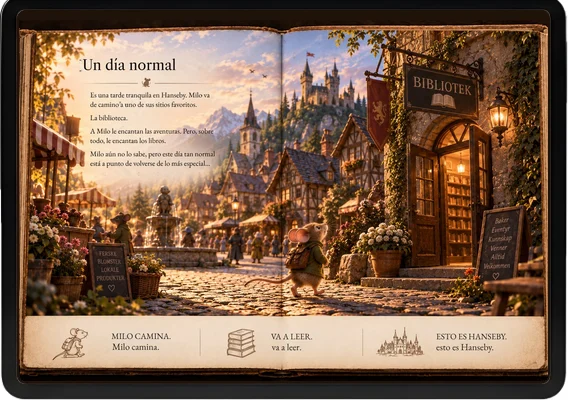 Tableta con La espada mágica para leer y escuchar, con las palabras iluminándose al leerlas.