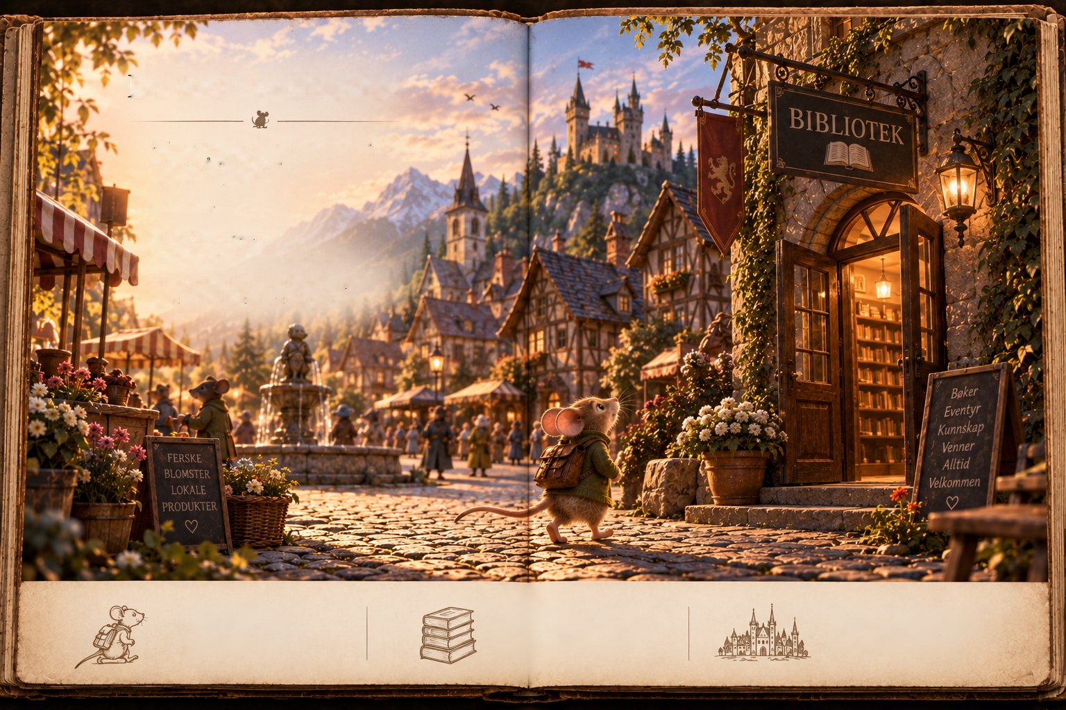 Milo the mouse, with a backpack, walks across a sunlit cobbled square in Hanseby toward the library, with market stalls, a fountain, the castle and mountains behind.