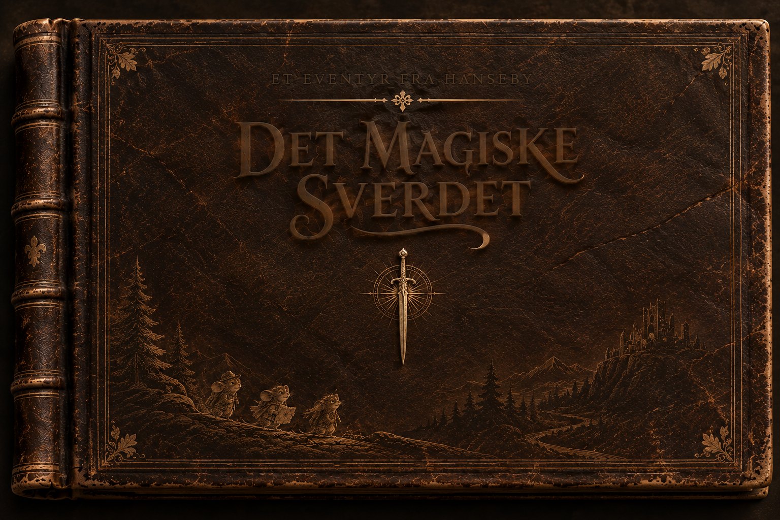 The leather-bound cover of the book Det magiske sverdet, an adventure from Hanseby, with a golden sword and compass and three small mice walking on a hill below.